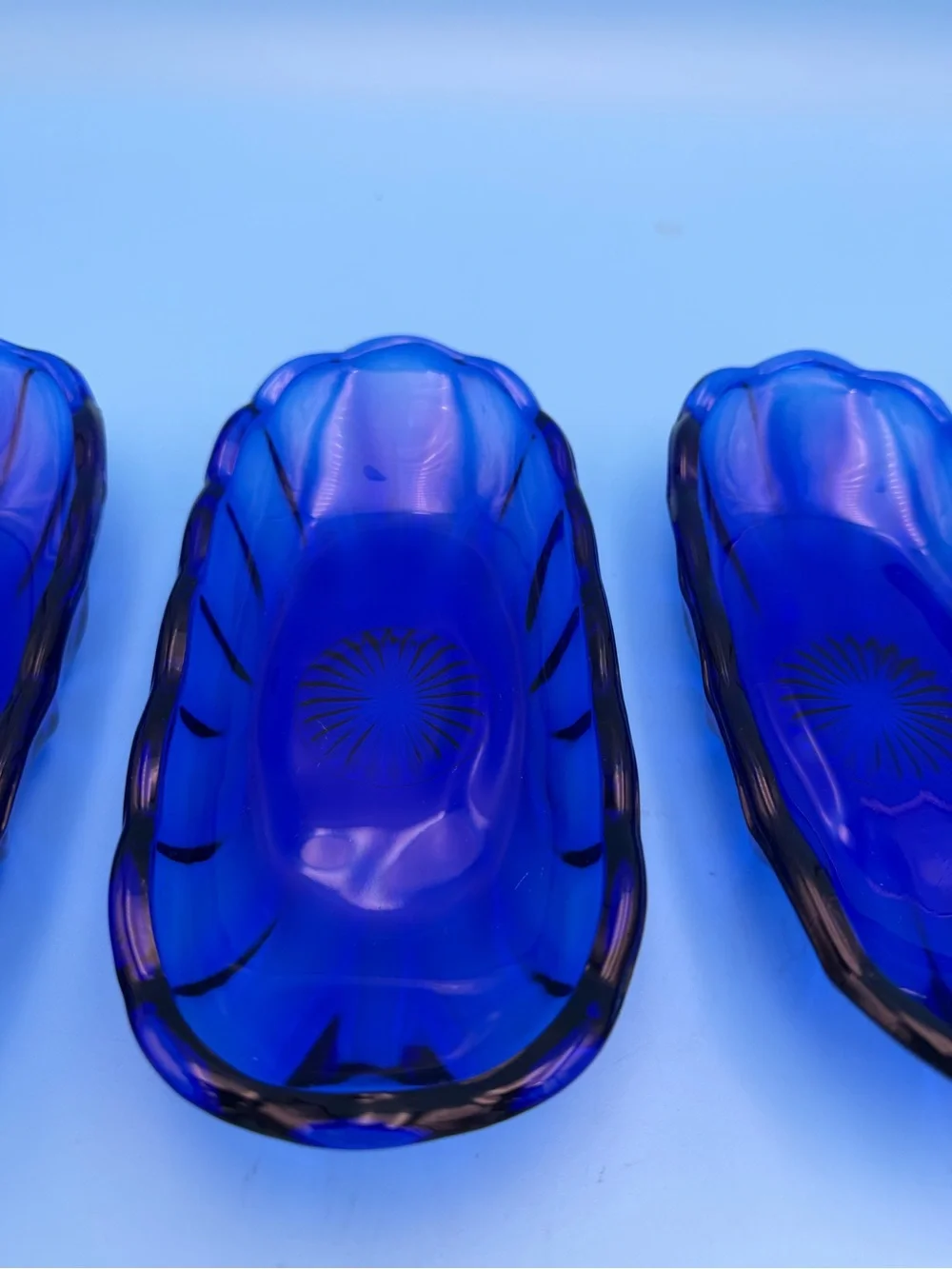 Set of 4 Vintage Cobalt Blue Glass Oval Relish Dishes, Scalloped Edges
